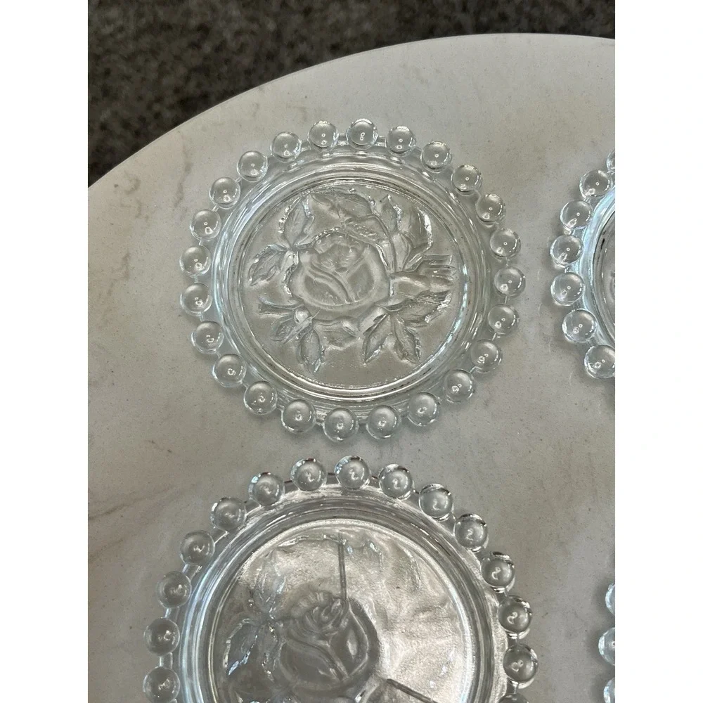 Vtg Clear Glass Rose Coasters 6 Beaded Edge Floral 4
